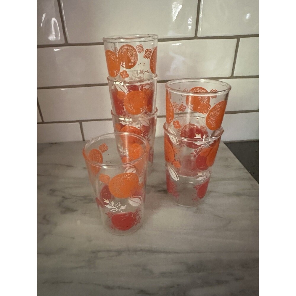 Vintage Retro Hazel Atlas Flexeel Orange Pomegranate Glass 6 Matching Glasses